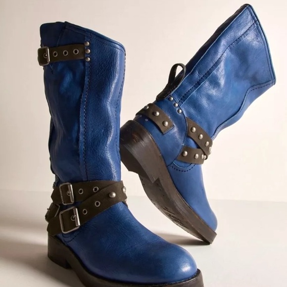 Free People We The Free Janey Engineer Boot Turkish Sea Blue Brown Trim - Picture 6 of 11